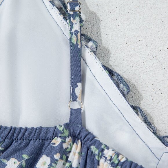 B266 Blue Floral Spaghetti Strap Frilled V Neck Tiered Midi Dress - Picture 12 of 16